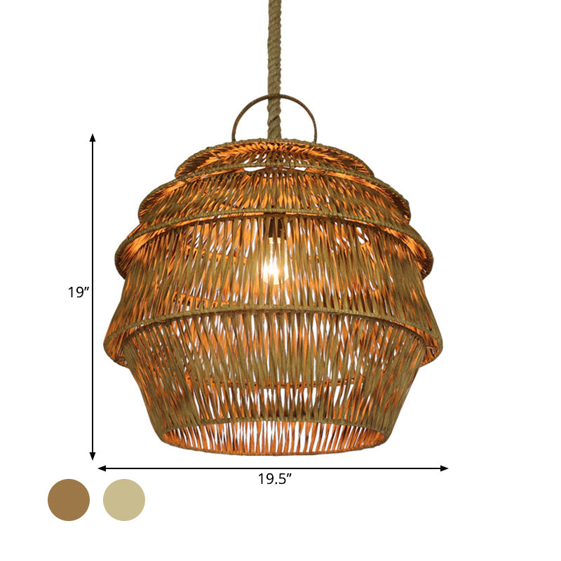 Beige/Coffee Jar-Like Down Lighting Rustic 1-Light Bamboo Ceiling Suspension Lamp for Dining Room Clearhalo 'Ceiling Lights' 'Pendant Lights' 'Pendants' Lighting' 1865903