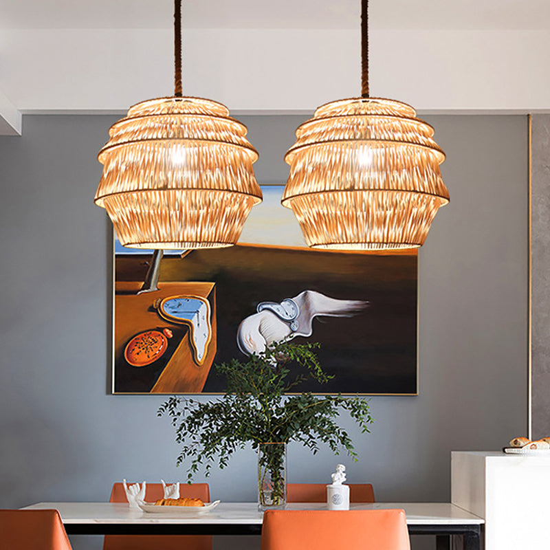 Beige/Coffee Jar-Like Down Lighting Rustic 1-Light Bamboo Ceiling Suspension Lamp for Dining Room Clearhalo 'Ceiling Lights' 'Pendant Lights' 'Pendants' Lighting' 1865905