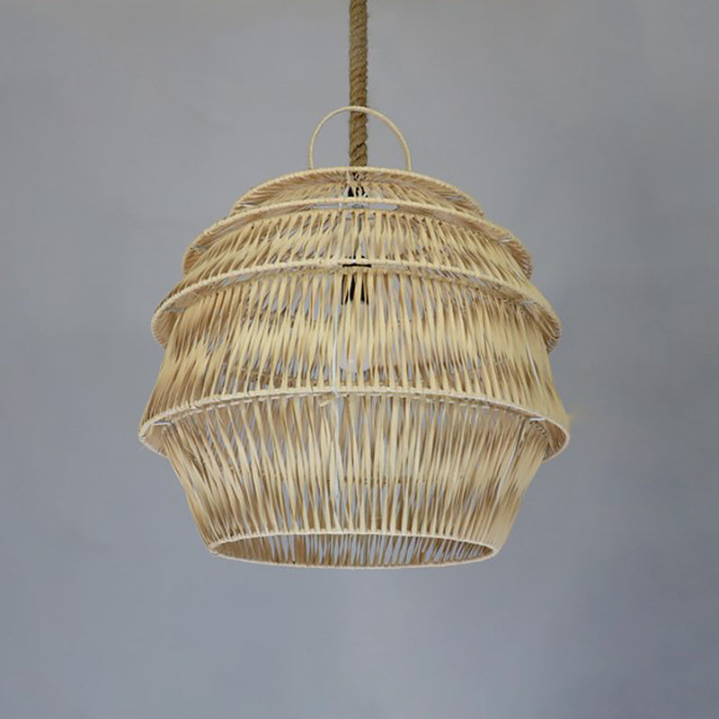 Beige/Coffee Jar-Like Down Lighting Rustic 1-Light Bamboo Ceiling Suspension Lamp for Dining Room Clearhalo 'Ceiling Lights' 'Pendant Lights' 'Pendants' Lighting' 1865907