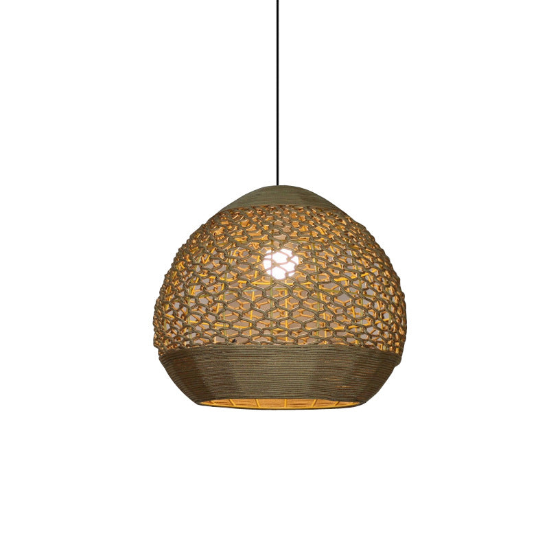 Globe Hanging Ceiling Light Asia Style Rope 1 Head Dining Room Pendant Lamp with Hollow-Out Design in Flaxen Clearhalo 'Ceiling Lights' 'Pendant Lights' 'Pendants' Lighting' 1865910