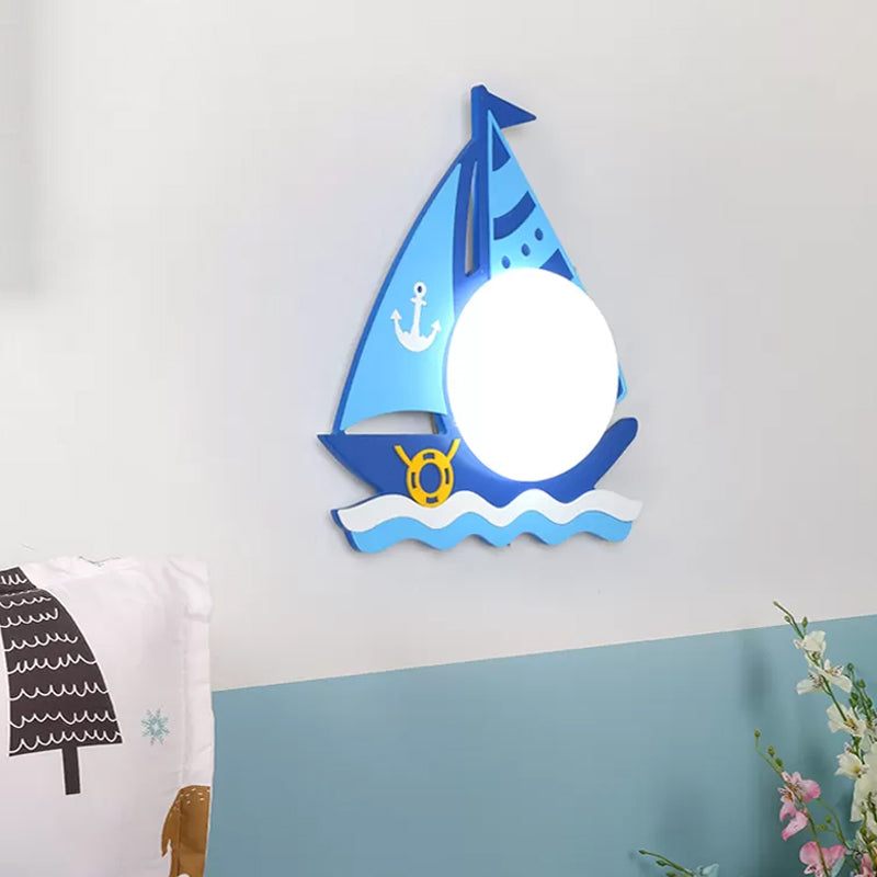 Timber Sailboat Wall Sconce Kids Single Head Blue Wall Light Fixture with Circular Glass Shade Blue Clearhalo 'Wall Lamps & Sconces' 'Wall Lights' Lighting' 1865977