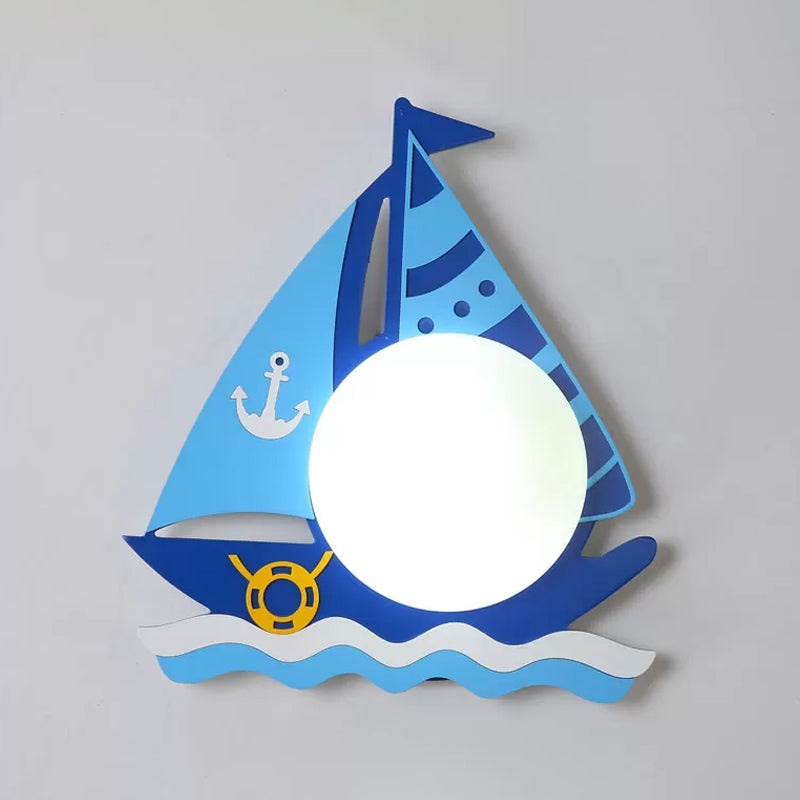 Timber Sailboat Wall Sconce Kids Single Head Blue Wall Light Fixture with Circular Glass Shade Clearhalo 'Wall Lamps & Sconces' 'Wall Lights' Lighting' 1865979