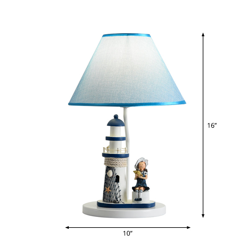 Conical Task Lighting Kids Style Fabric 1-Head Bedroom Table Light with Boy/Girl and Lighthouse Deco in Blue Clearhalo 'Lamps' 'Table Lamps' Lighting' 1866151