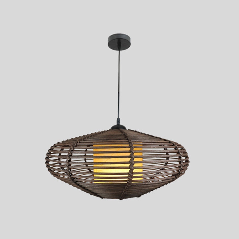 Fabric Cylindrical Pendant Lighting Asia 1 Light Coffee Drop Lamp with Oval Bamboo Cage Clearhalo 'Ceiling Lights' 'Pendant Lights' 'Pendants' Lighting' 1866411