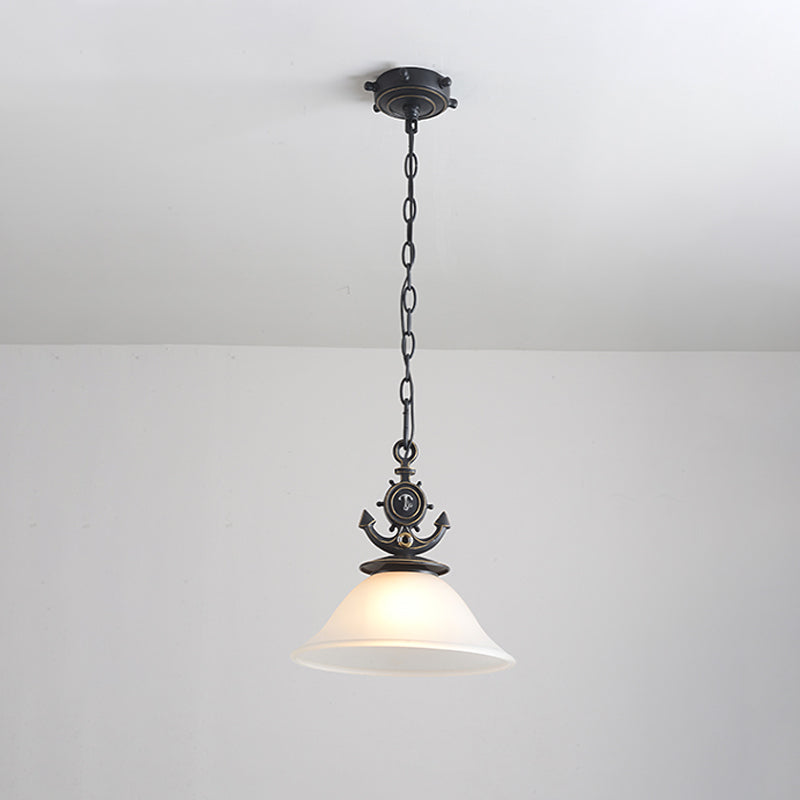 Column/Bell Ceiling Hang Fixture Nordic Opal Glass 1-Head Black Suspension Pendant with Anchor Top, 4