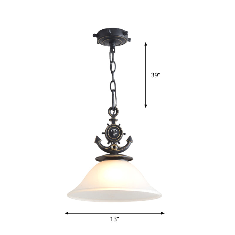 Column/Bell Ceiling Hang Fixture Nordic Opal Glass 1-Head Black Suspension Pendant with Anchor Top, 4