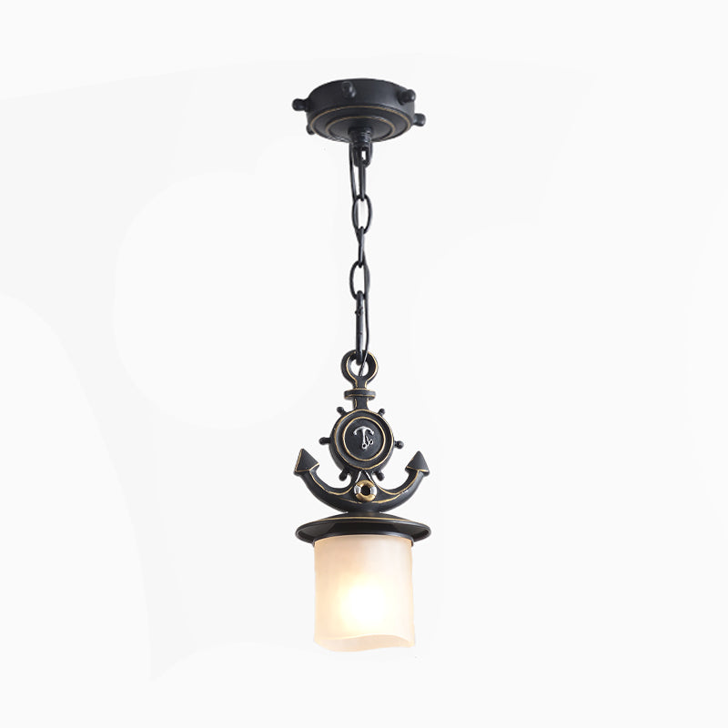 Column/Bell Ceiling Hang Fixture Nordic Opal Glass 1-Head Black Suspension Pendant with Anchor Top, 4