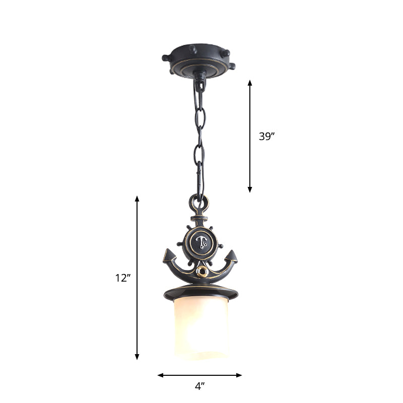 Column/Bell Ceiling Hang Fixture Nordic Opal Glass 1-Head Black Suspension Pendant with Anchor Top, 4