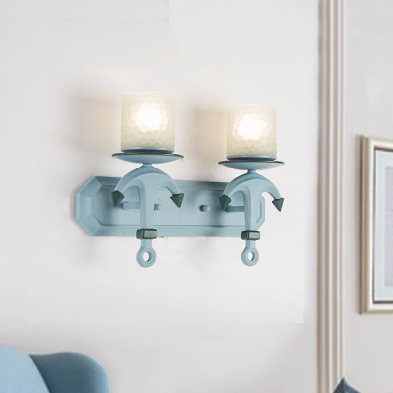 Blue Cylinder Wall Light Fixture Nautical 1/2-Bulb Dimpled Glass Wall Mount Lamp with Resin Anchor Deco Clearhalo 'Wall Lamps & Sconces' 'Wall Lights' Lighting' 1866584