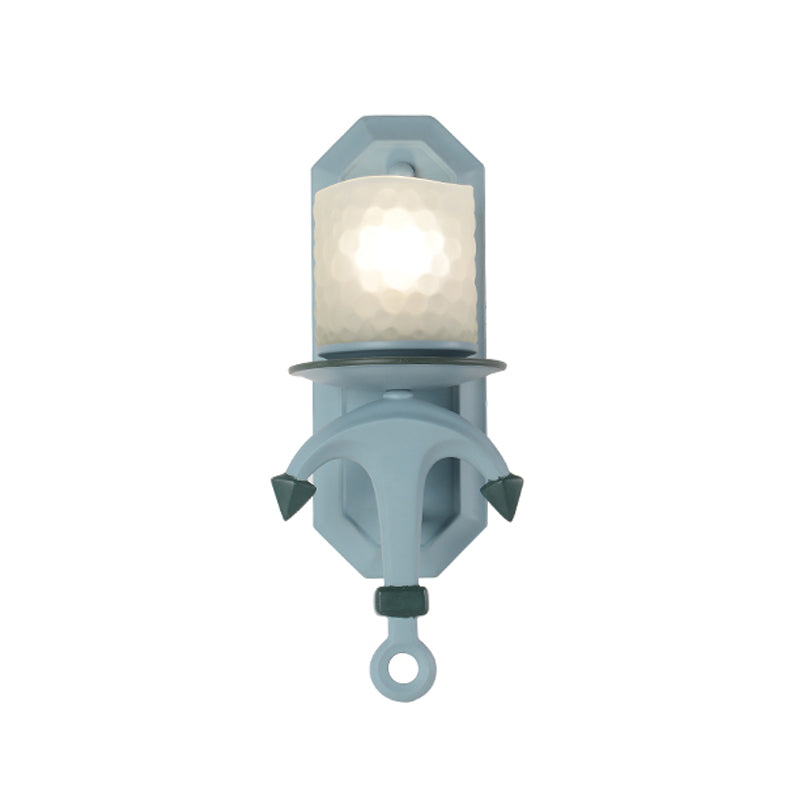 Blue Cylinder Wall Light Fixture Nautical 1/2-Bulb Dimpled Glass Wall Mount Lamp with Resin Anchor Deco Clearhalo 'Wall Lamps & Sconces' 'Wall Lights' Lighting' 1866589