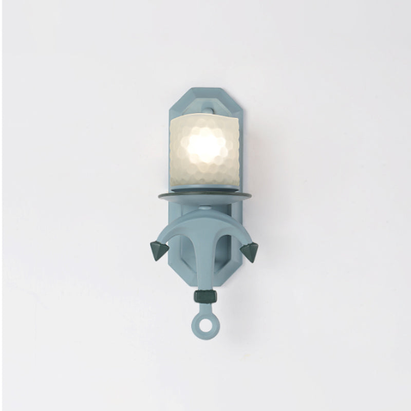 Blue Cylinder Wall Light Fixture Nautical 1/2-Bulb Dimpled Glass Wall Mount Lamp with Resin Anchor Deco Clearhalo 'Wall Lamps & Sconces' 'Wall Lights' Lighting' 1866590