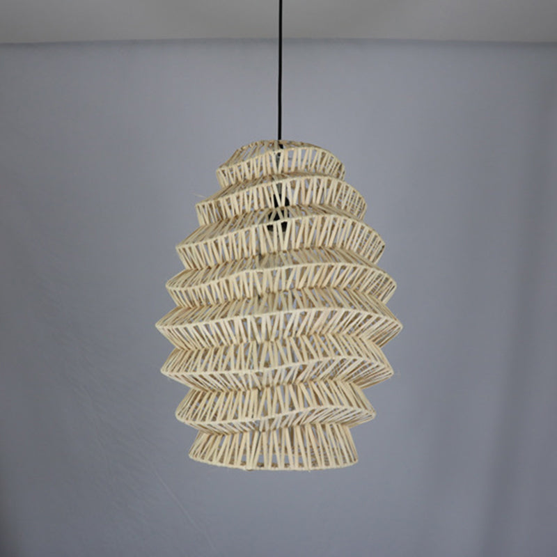 Rural Woven Lantern Pendulum Light Bamboo 1-Head Tea Room Hanging Lamp Kit in Beige Clearhalo 'Ceiling Lights' 'Pendant Lights' 'Pendants' Lighting' 1866612