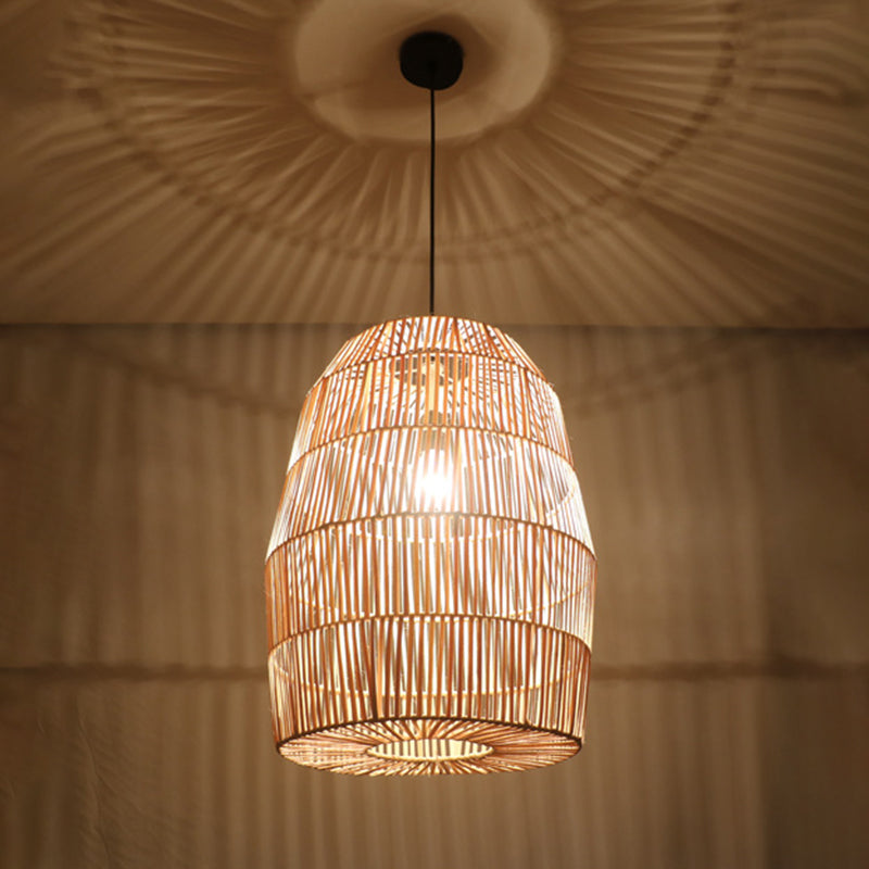 Rural Woven Lantern Pendulum Light Bamboo 1-Head Tea Room Hanging Lamp Kit in Beige Clearhalo 'Ceiling Lights' 'Pendant Lights' 'Pendants' Lighting' 1866616