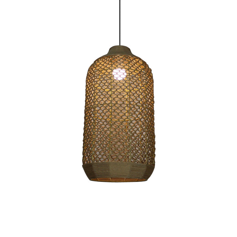 1 Light Dining Room Drop Pendant Chinese Style Beige Hanging Lamp Fixture with Woven Lantern Bamboo Shade Clearhalo 'Ceiling Lights' 'Pendant Lights' 'Pendants' Lighting' 1866623