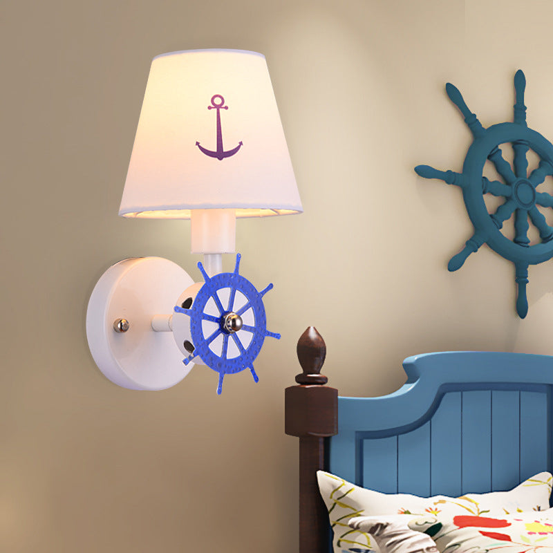 Fabric Tapered Shade Wall Light Sconce Kids Single Head White Wall Lighting with Rudder Decor White Clearhalo 'Wall Lamps & Sconces' 'Wall Lights' Lighting' 1866846