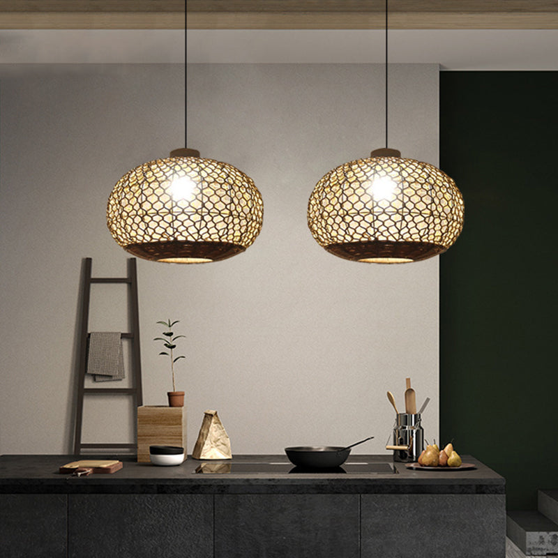 Oval Lantern Restaurant Pendant Lighting Hemp Rope Single Bulb Rural Hanging Lamp Kit in Flaxen Clearhalo 'Ceiling Lights' 'Pendant Lights' 'Pendants' Lighting' 1867131