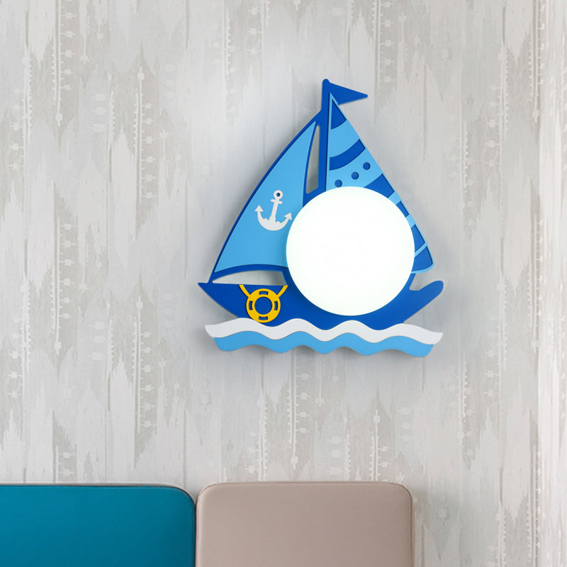 Blue Ship Wall Mounted Lighting Nautical LED Wood Wall Sconce with Dome Opaline Glass Shade in Warm/White Light Clearhalo 'Wall Lamps & Sconces' 'Wall Lights' Lighting' 1867262