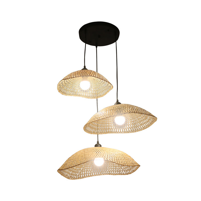 Beige Wavy Dome Cluster Pendant Lamp Loft 3 Bulbs Bamboo Suspension Light for Dining Room Clearhalo 'Ceiling Lights' 'Pendant Lights' 'Pendants' Lighting' 1867624