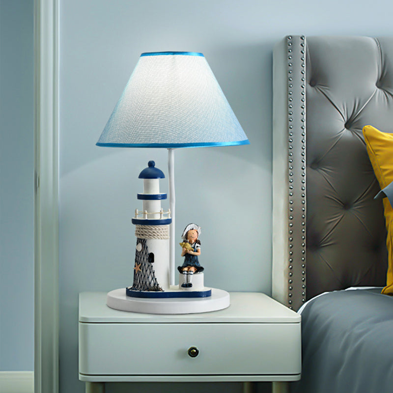 Barrel Shade Night Light Kids Fabric 1 Head Blue Table Lamp with Cartoon Girl/Boy and Lighthouse Decor Blue Girl Clearhalo 'Lamps' 'Table Lamps' Lighting' 1867662