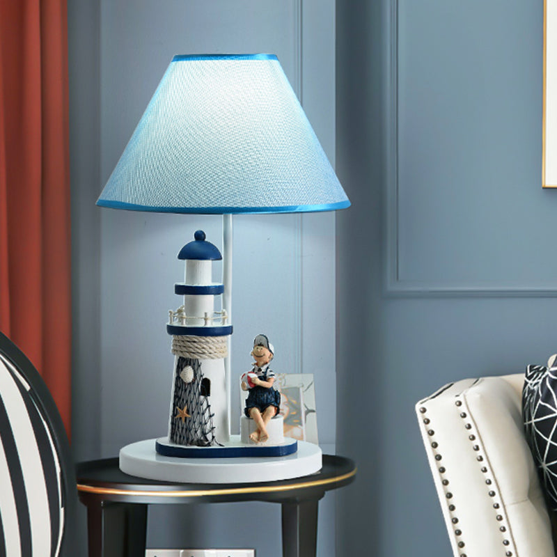 Barrel Shade Night Light Kids Fabric 1 Head Blue Table Lamp with Cartoon Girl/Boy and Lighthouse Decor Blue Boy Clearhalo 'Lamps' 'Table Lamps' Lighting' 1867666