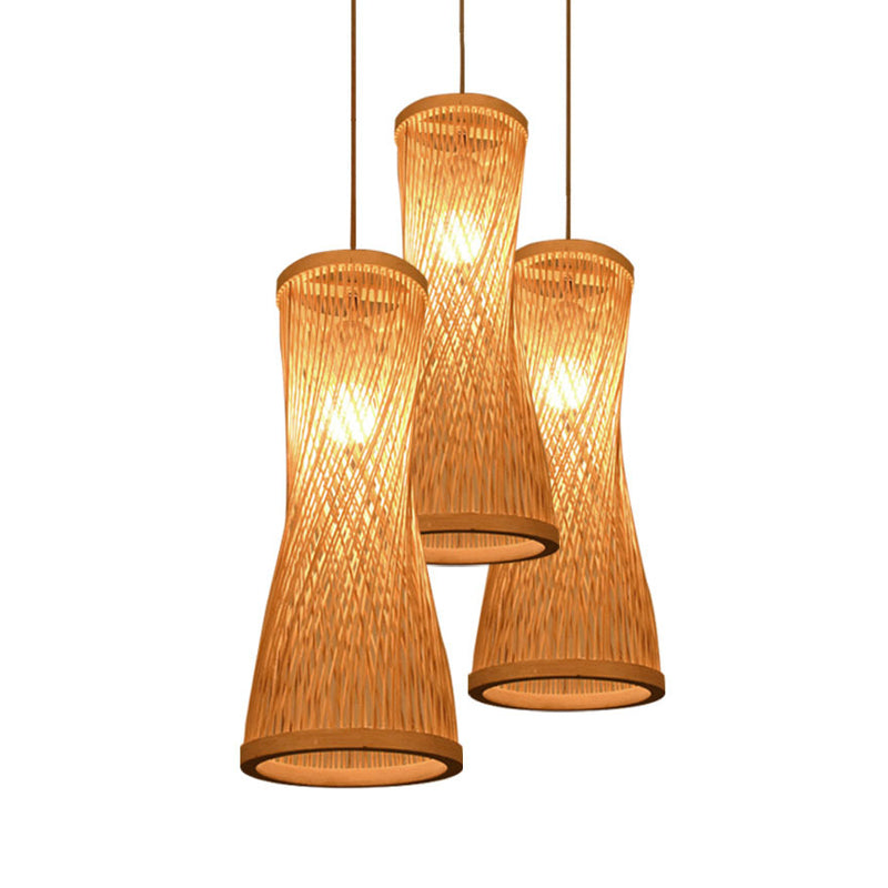 Beige Hourglass Hanging Lamp Kit Rustic 3 Heads Bamboo Batten Multiple Ceiling Light Clearhalo 'Ceiling Lights' 'Pendant Lights' 'Pendants' Lighting' 1868011