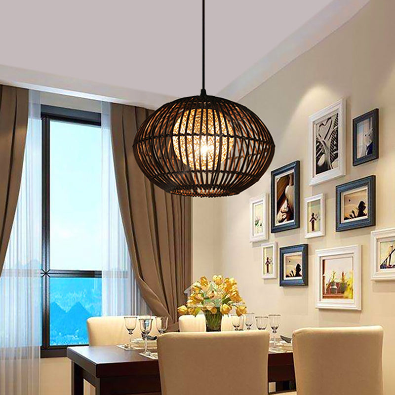 Spherical Cage Dining Room Ceiling Lamp Bamboo 1 Head Loft Style Hanging Pendant Light in Beige, 16