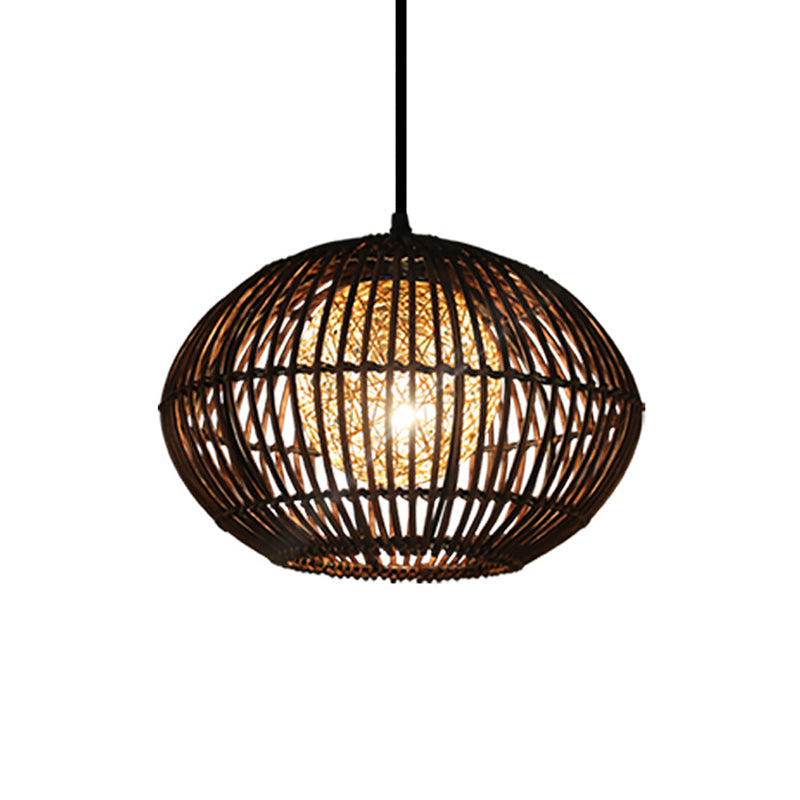 Spherical Cage Dining Room Ceiling Lamp Bamboo 1 Head Loft Style Hanging Pendant Light in Beige, 16