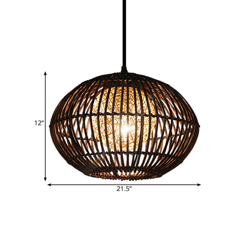 Spherical Cage Dining Room Ceiling Lamp Bamboo 1 Head Loft Style Hanging Pendant Light in Beige, 16