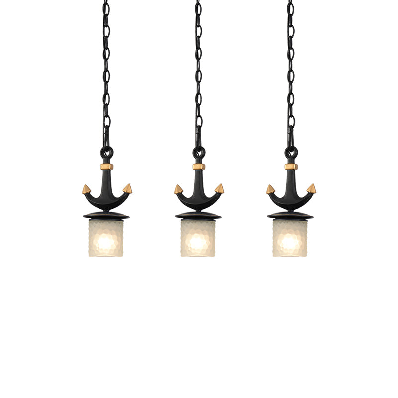 Modern Column Multi-Pendant Frosted Dimpled Glass 3 Heads Parlor Hanging Light in Black with Linear/Round Canopy Clearhalo 'Ceiling Lights' 'Close To Ceiling Lights' 'Glass shade' 'Glass' 'Pendant Lights' 'Pendants' Lighting' 1868348