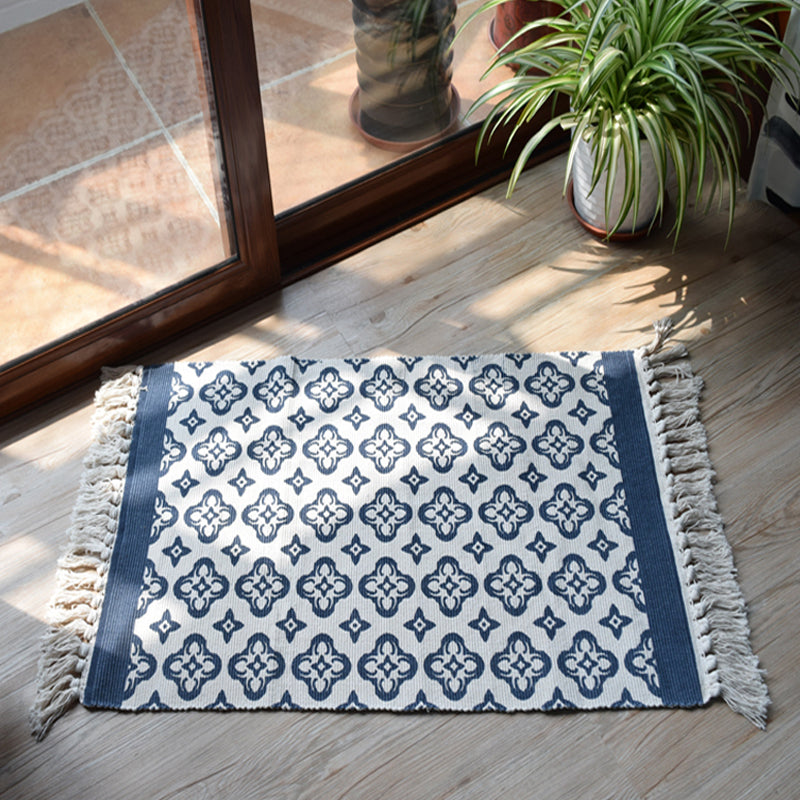 Moroccan Tribal Floral Pattern Rug Blue and Grey Cotton Rug Non-Slip Pet Friendly Washable Carpet for Living Room Blue Clearhalo 'Area Rug' 'Moroccan' 'Rugs' Rug' 1868409