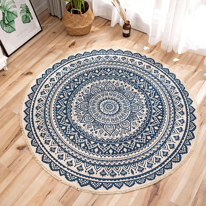 Moroccan Tribal Flower Pattern Rug Multicolor Flax Rug Non-Slip Pet Friendly Washable Area Rug for Bedroom Blue 2'11