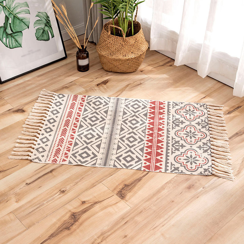 Bohemian Tribal Stripe Pattern Rug Multicolored Flax Rug Non-Slip Washable Area Rug for Decoration Red 2' x 2'11