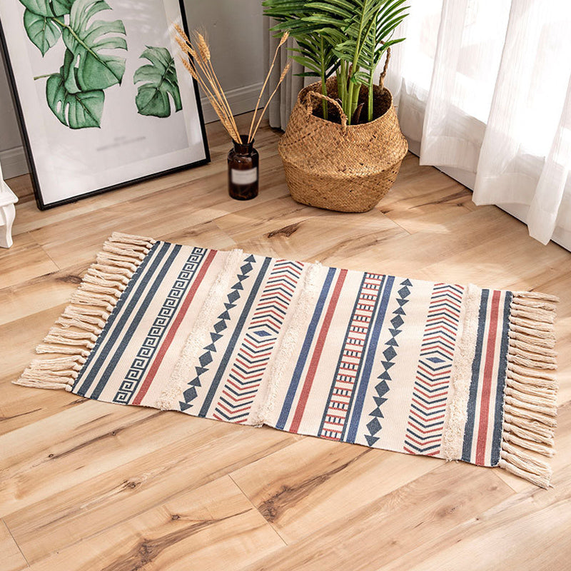 Bohemian Tribal Stripe Pattern Rug Multicolored Flax Rug Non-Slip Washable Area Rug for Decoration Blue 2' x 2'11