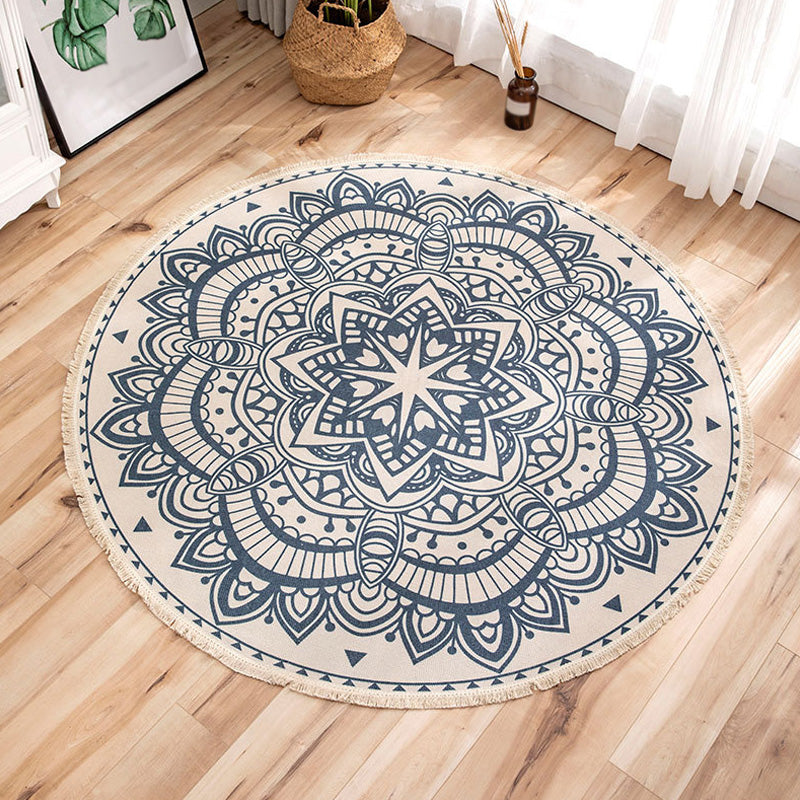 Multi-Color Living Room Rug Moroccan Tribal Flower Carpet Flax Anti-Slip Backing Pet Friendly Indoor Rug Dark Blue 2'11