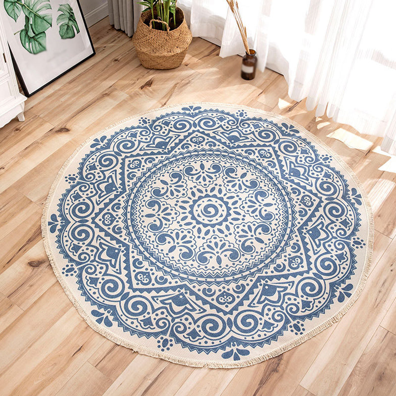 Multi-Color Living Room Rug Moroccan Tribal Flower Carpet Flax Anti-Slip Backing Pet Friendly Indoor Rug Blue 2'11