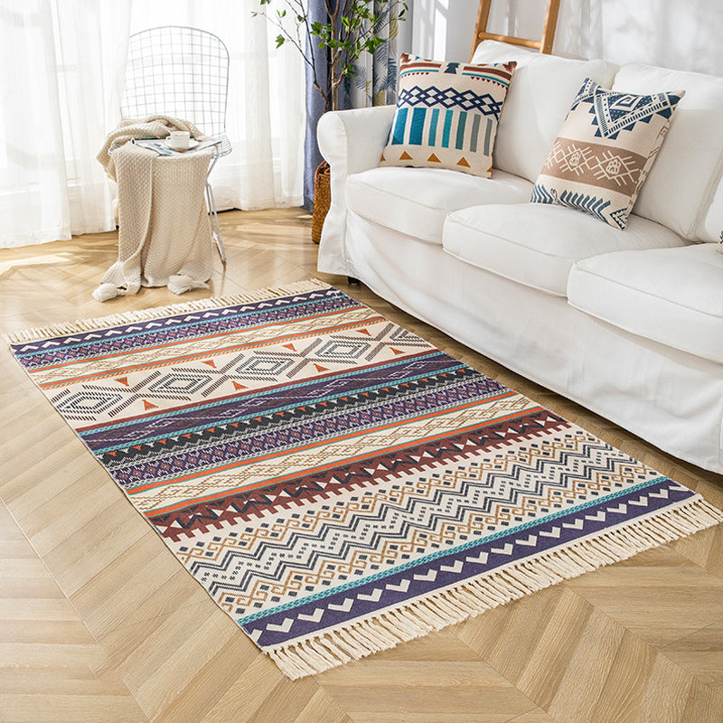 Multicolor Living Room Rug Bohemian Stripe and Geometric Pattern Rug Flax Washable Anti-Slip Backing Pet Friendly Carpet Purple 3'11