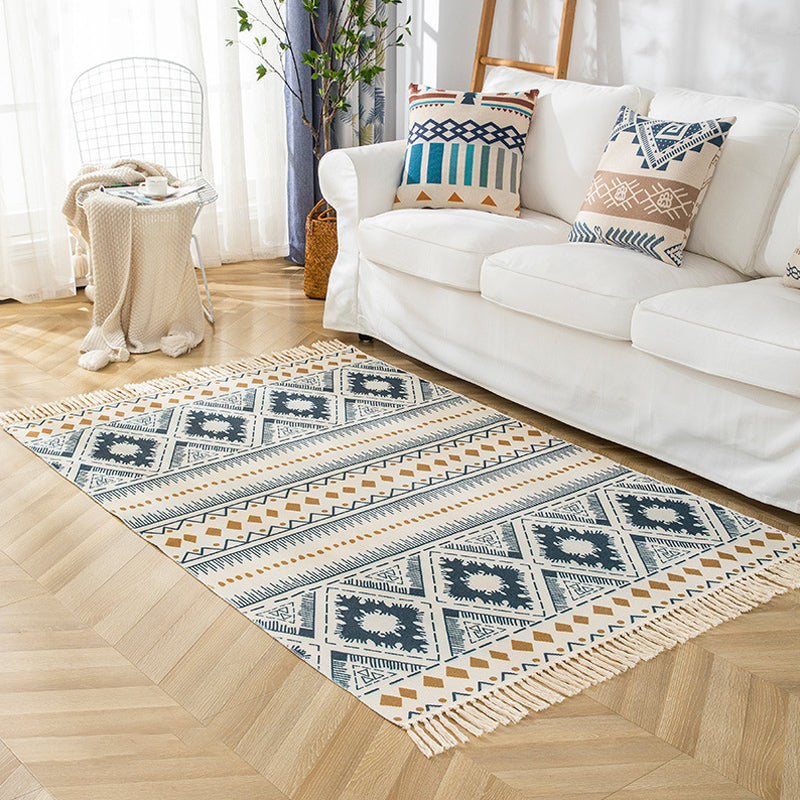 Multicolor Living Room Rug Bohemian Stripe and Geometric Pattern Rug Flax Washable Anti-Slip Backing Pet Friendly Carpet Blue 3'11