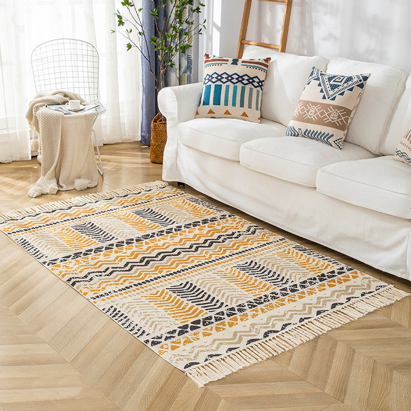 Multicolor Living Room Rug Bohemian Stripe and Geometric Pattern Rug Flax Washable Anti-Slip Backing Pet Friendly Carpet Yellow 3'11