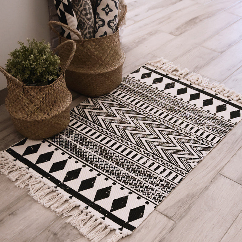 Multicolor Tribal Striped Pattern Rug Cotton Bohemian Rug Washable Non-Slip Pet Friendly Carpet for Living Room Gloss Black 2' x 2'11