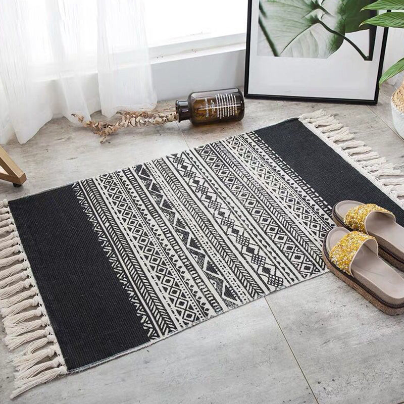 Multicolor Tribal Striped Pattern Rug Cotton Bohemian Rug Washable Non-Slip Pet Friendly Carpet for Living Room Black 2' x 2'11