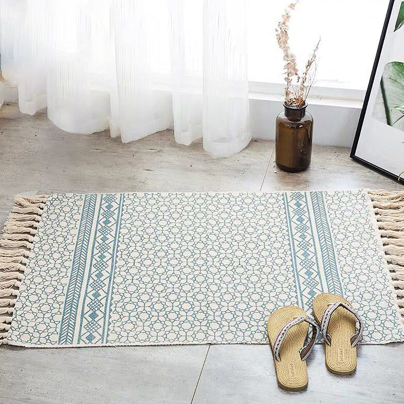 Multicolor Tribal Striped Pattern Rug Cotton Bohemian Rug Washable Non-Slip Pet Friendly Carpet for Living Room Sky Blue 2' x 2'11