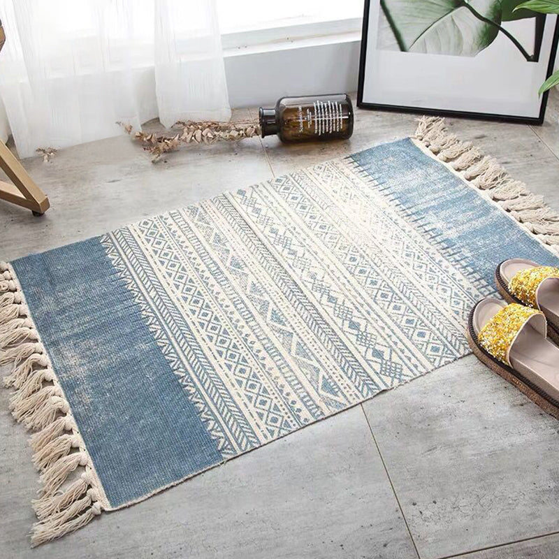 Multicolor Tribal Striped Pattern Rug Cotton Bohemian Rug Washable Non-Slip Pet Friendly Carpet for Living Room Blue 2' x 2'11