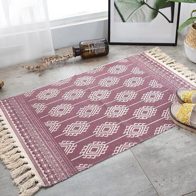 Multicolor Tribal Striped Pattern Rug Cotton Bohemian Rug Washable Non-Slip Pet Friendly Carpet for Living Room Crimson 2' x 2'11