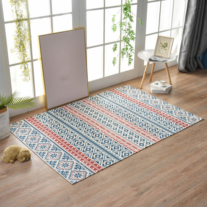 Bohemian Tribal Geometric Pattern Rug with Stripe Multi Colored Flax Rug Non-Slip Pet Friendly Washable Area Rug for Study Dark Blue 3'11