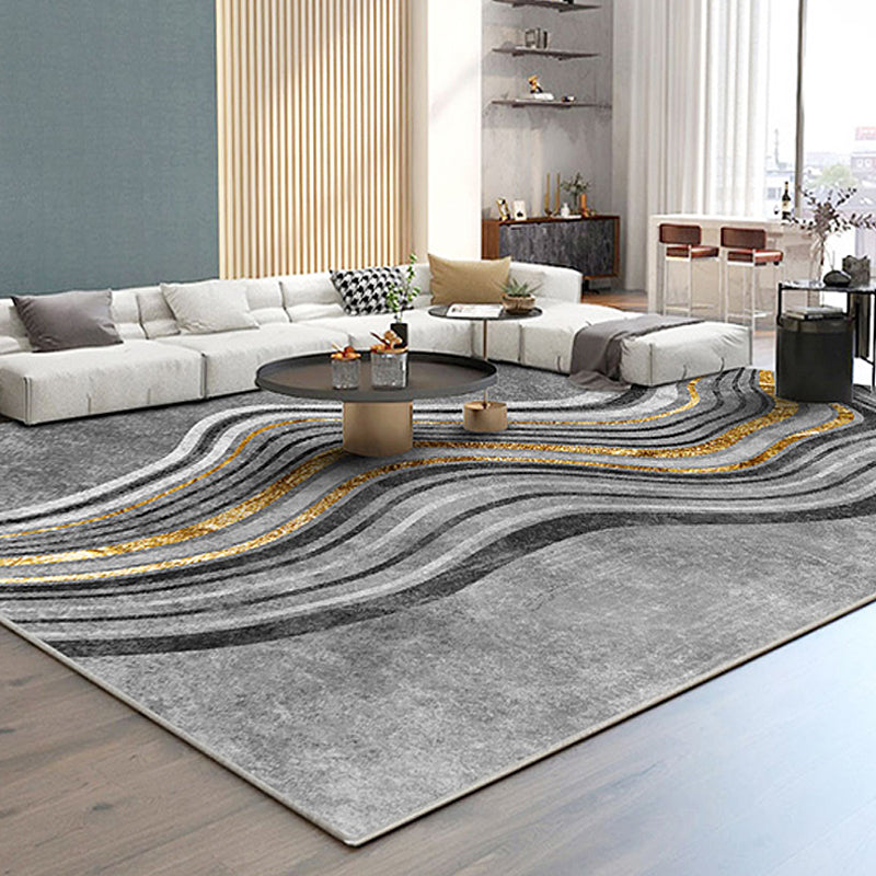 Modern Bedroom Rug Grey Abstract Swirl Stripe Pattern Rug Polyester Washable Non-Slip Pet Friendly Carpet Carbon Clearhalo 'Area Rug' 'Modern' 'Rugs' Rug' 1870392