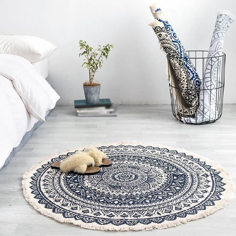 Moroccan Tribal Flower Pattern Rug Multicolor Cotton Rug Non-Slip Pet Friendly Washable Area Rug for Bedroom Dark Blue 2'11