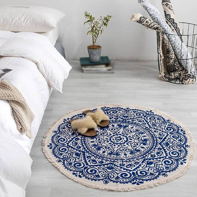 Moroccan Tribal Flower Pattern Rug Multicolor Cotton Rug Non-Slip Pet Friendly Washable Area Rug for Bedroom Blue 2'11