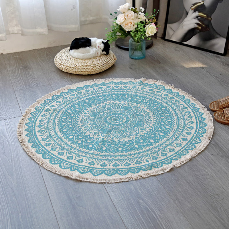 Floral Pattern Rug Flax Moroccan Rug Pet Friendly Washable Non-Slip Area Rug for Living Room Blue 2'11