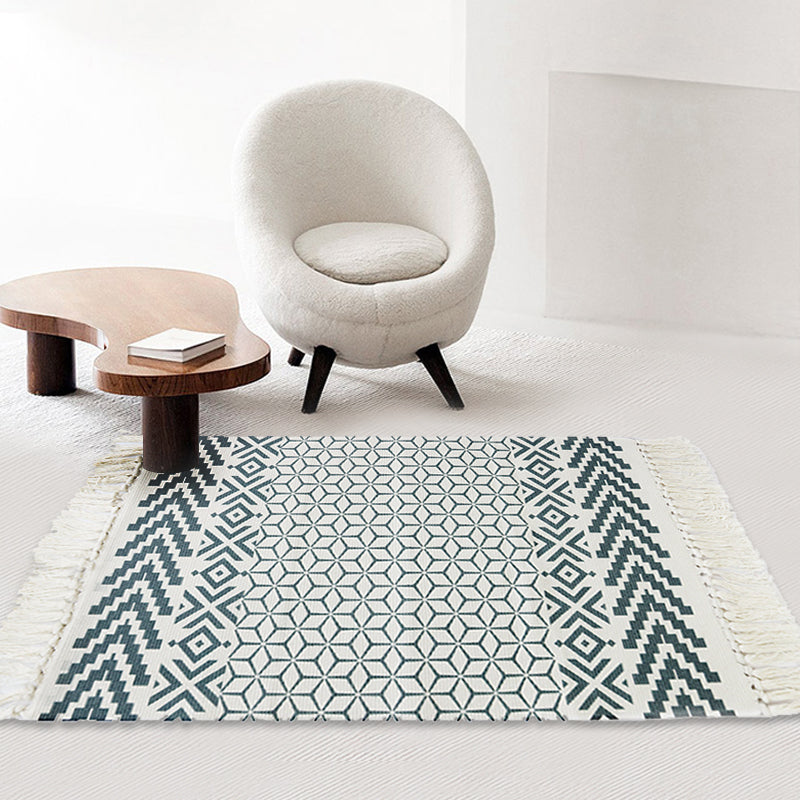 White and Blue Bedroom Rug Southwestern Tribal Striped Pattern Rug Cotton Anti-Slip Backing Washable Area Rug Blue 2' x 2'11