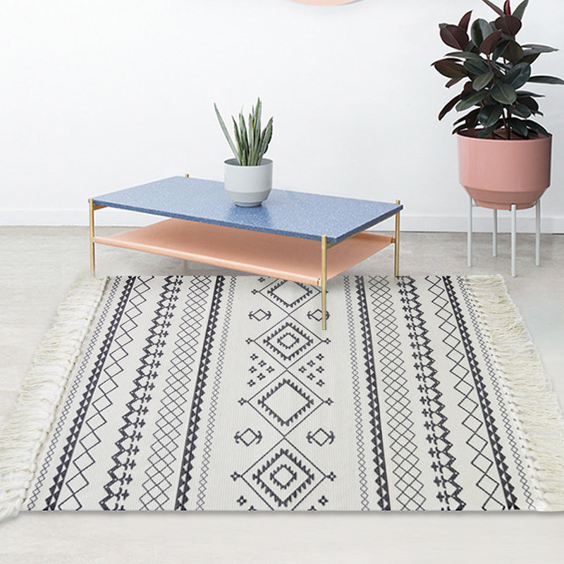 White and Blue Bedroom Rug Southwestern Tribal Striped Pattern Rug Cotton Anti-Slip Backing Washable Area Rug White 2' x 2'11